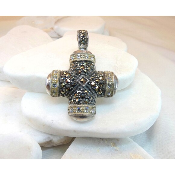 VTG Sterling Silver Real Marcasite Cross Oxidized Pendant Lock Bail - Picture 4 of 9